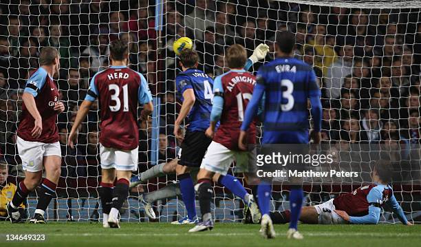 Phil Jones of Manchester United scores their first goal during the Barclays Premier League match between Aston Villa and Manchester United at Villa...