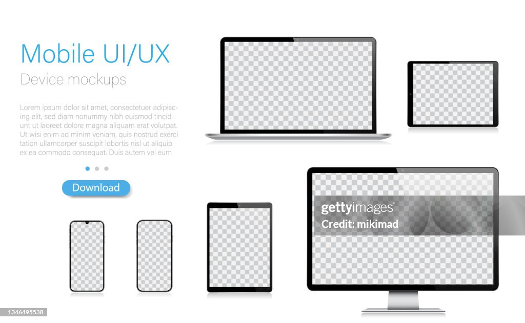 Mockup vettoriale realistico Tablet digitale, telefono cellulare, smartphone, laptop e monitor del computer. UI / UX design. Illustrazione vettoriale, moderna idea digitale, modello digitale. Illustrazione stock. EPS 10.