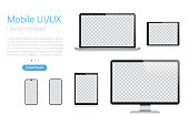 Realistic Vector Mockup Digital Tablet, Mobile Phone, Smart Phone, Laptop and Computer Monitor. UI / UX design. Vector illustration, modern digital devise, digital template. Stock illustration. EPS 10.