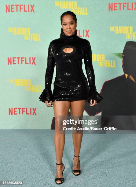 Regina King attends the Los Angeles Premiere of "The Harder They Fall" at Shrine Auditorium and Expo Hall on October 13, 2021 in Los Angeles,...