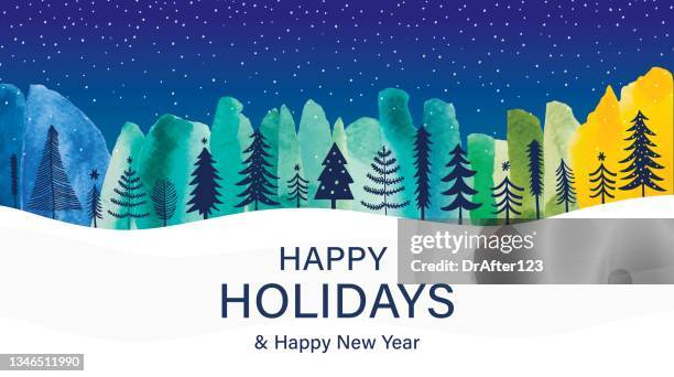 ilustraciones, imágenes clip art, dibujos animados e iconos de stock de felices fiestas y paisaje forestal nocturno de año nuevo - nevar