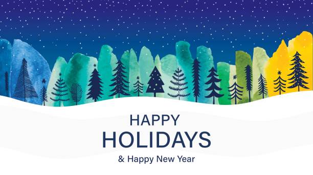 happy holidays and new year night forest landscape - happy holidays illustration stock illustrations