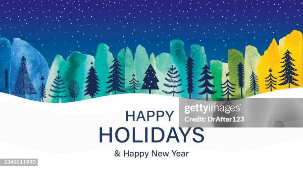 happy holidays and new year night forest landscape - welcome text stock illustrations