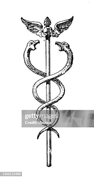 ilustrações, clipart, desenhos animados e ícones de ilustração antiga: caduceus - símbolo médico