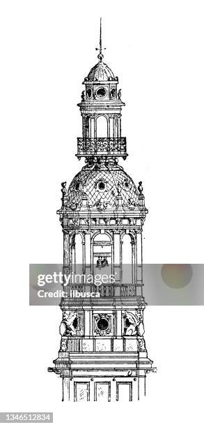 antique illustration: belltower, hotel de ville de paris - le marais stock illustrations