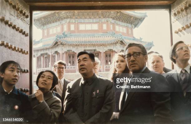 An unspecified guide and interpreter, with Timothy Elbourne of Presidential Press Office, Chinese Government Official Wang Hsiao-i, a member of the...