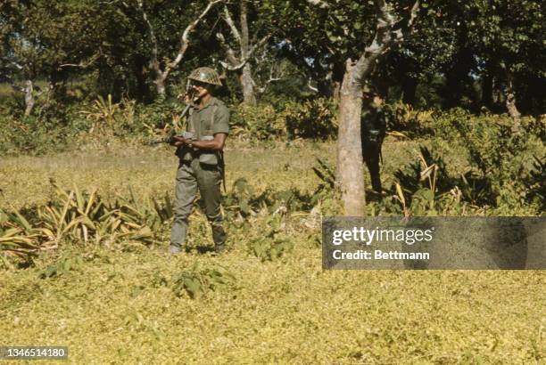 Indian soldiers patrol a wooded area during the Bangladesh Liberation War on the Indian-Pakistani border in northeastern India, 22nd November 1971....
