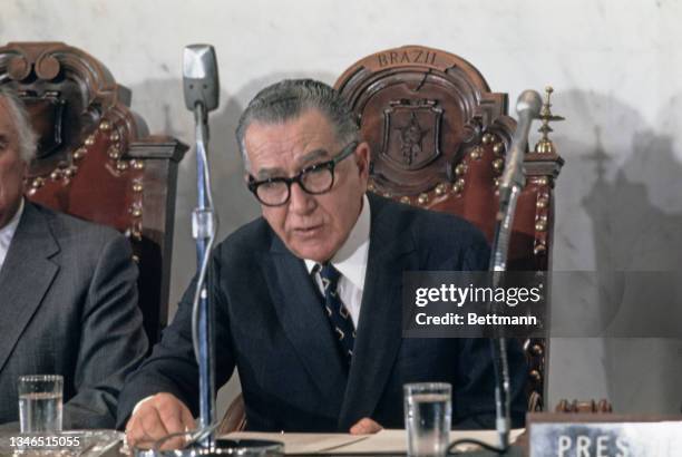 Brazilian politician Emilio Garrastazu Medici , President of Brazil, addresses the Organization of American States , in Washington, DC, 12th August...