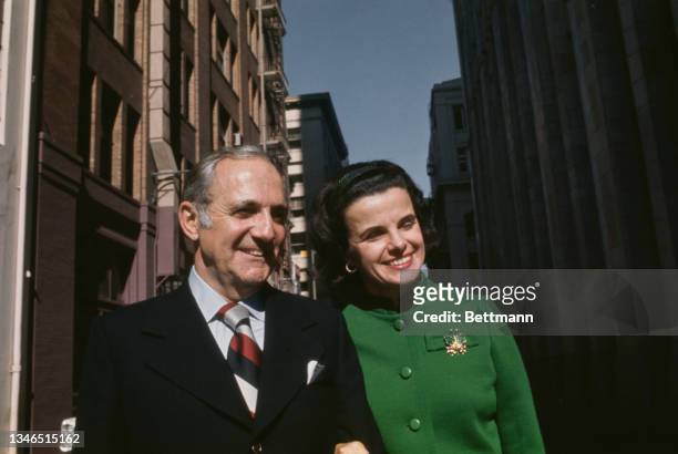 American neurosurgeon Dr Bertram Feinstein and his wife, American politician and San Francisco mayoral candidate Dianne Feinstein campaigning in the...