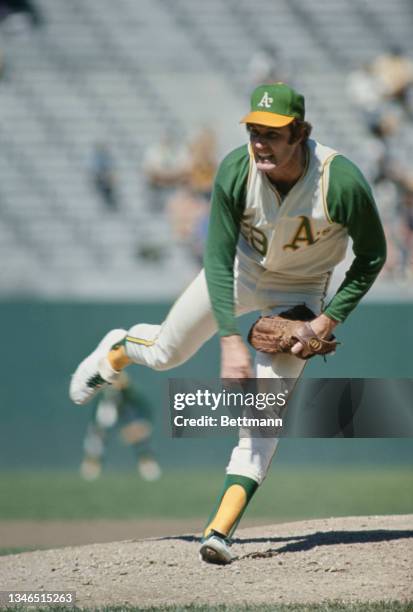 American baseball player Chuck Dobson pitching for the Oakland Athletics against the Minnesota Twins in their Major League Baseball match at the...