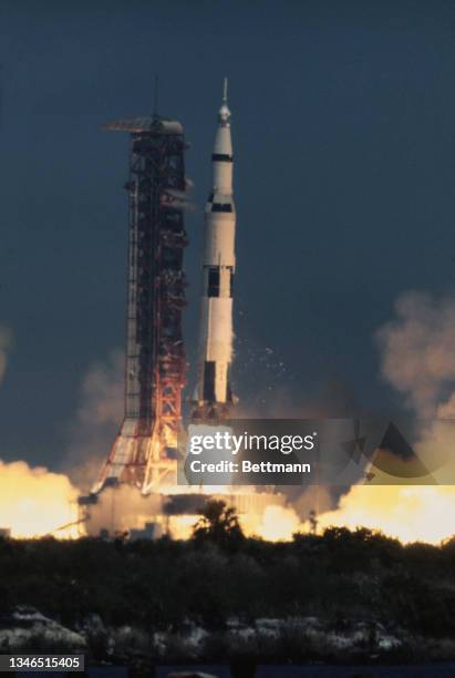 The launch of Apollo 16, the launch vehicle being Saturn V on blast off from LC-39A at Kennedy Space Center on Merritt Island, Florida, 16th April...