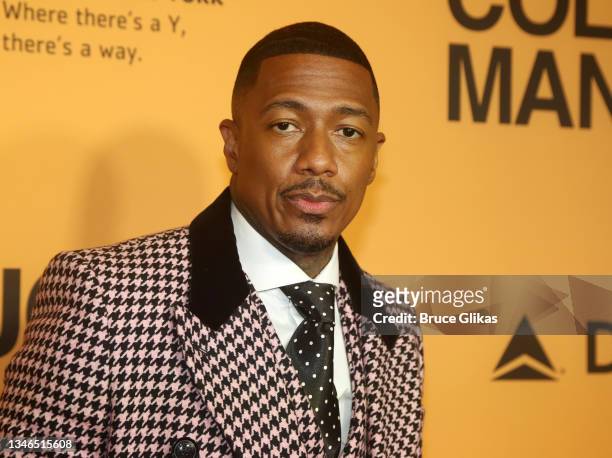 Nick Cannon poses at the opening night of the new play "Thoughts of a Colored Man" on Broadway at The Golden Theatre on October 13, 2021 in New York...