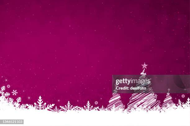 white colored snow and snowflakes at the bottom of a vibrant magenta fuschia pink or purple color horizontal xmas festive vector backgrounds with a christmas trees and star at the top - purple christmas cards stock illustrations