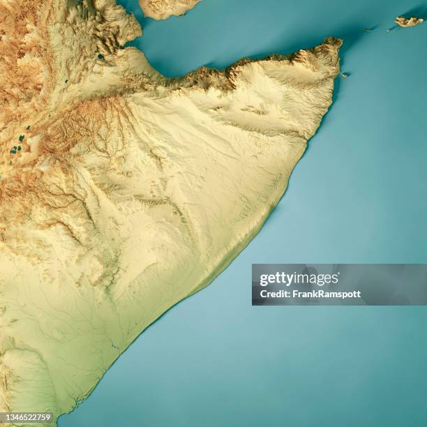 somalia 3d render topographische karte farbe - horn von afrika stock-fotos und bilder