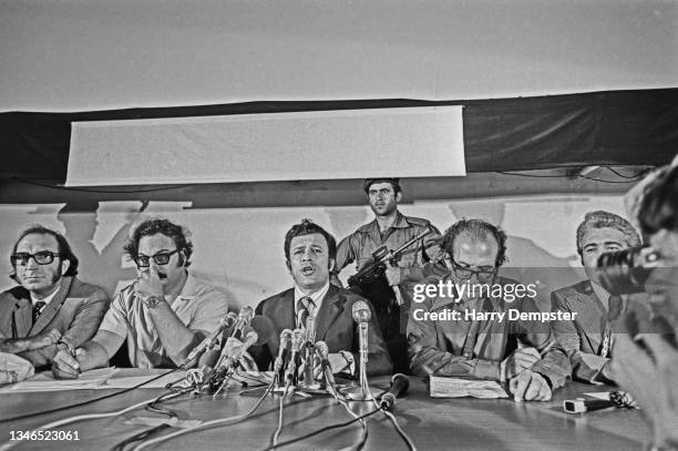 President Nikos Sampson , the new de facto President of Cyprus, holds a press conference after the military coup d'état which deposed Archbishop...