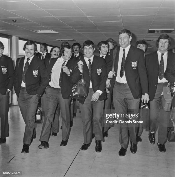 Rugby union footballer Willie John McBride leads the British & Irish Lions team through Heathrow Airport in London, en route to their tour of South...