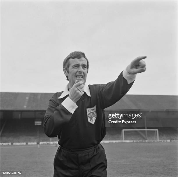 Welsh football referee Clive Thomas, who is officiating at the 1974 FIFA World Cup, UK, June 1974.