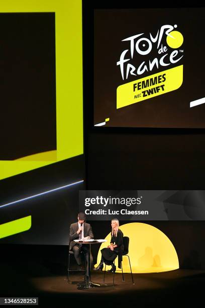 Christian Prudhomme of France Director of Le Tour de France and Marion Rousse of France Director of the women's Tour de France speak during the 109th...