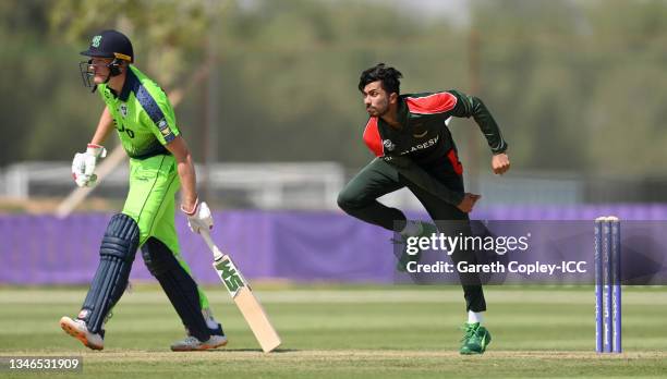 Soumya Sarkar of Bangladesh bowls during the Bangladesh and Ireland warm Up Match prior to the ICC Men's T20 World Cup at on October 14, 2021 in Abu...