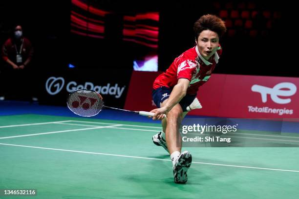 Shi Yuqi of China competes in the Men's Single match against Kidambi Srikanth of India during day six of the Thomas & Uber Cup on October 14, 2021 in...