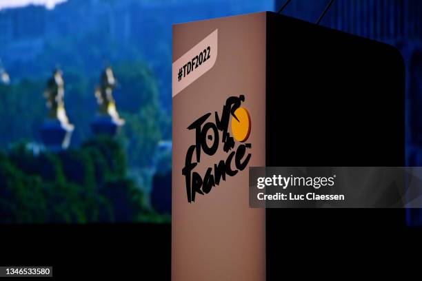 Detailed view of the lectern with Tour de France logo during the 109th Tour de France 2022 And 1st Tour de France Femmes 2022 - Route Presentation /...