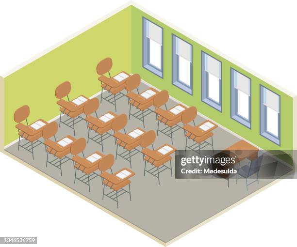 isometric classroom - empty high school classroom stock illustrations