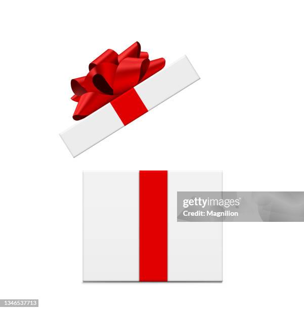 ilustrações, clipart, desenhos animados e ícones de caixa de presente aberta branca com arco vermelho e fitas - caixa de presentes