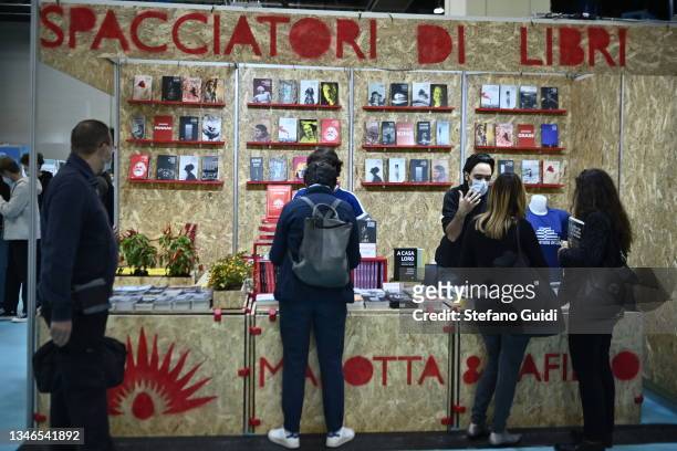 General view of people attending of the Turin International Book Fair on October 14, 2021 in Turin, Italy. The Turin International Book Fair returns...