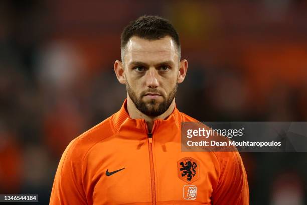 Stefan de Vrij of Netherlands stands for the national anthem prior to the 2022 FIFA World Cup Qualifier match between Netherlands and Gibraltar at De...