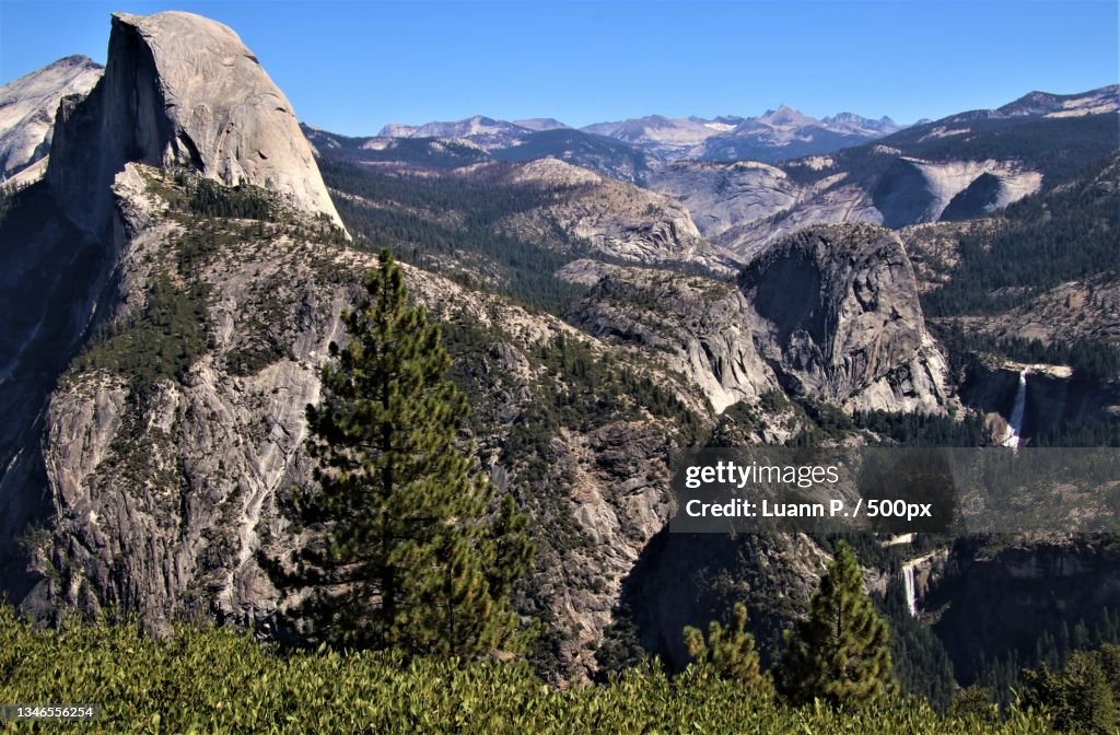 Panoramic view of landscape and mountains against clear sky,Mariposa County,California,United States,USA