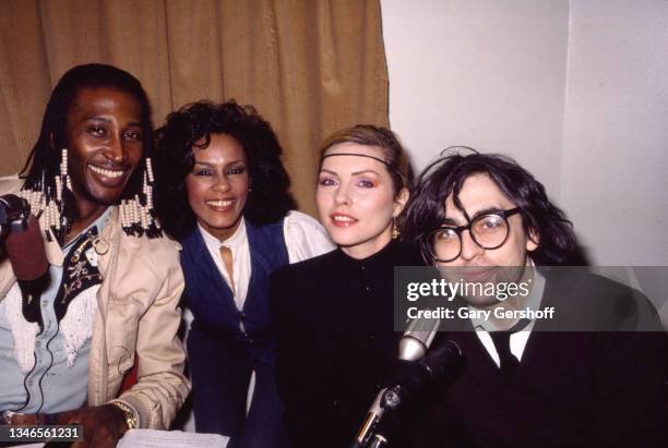 View of, from left, WBLS-FM radio Program Director and on-air DJ Frankie Crocker , radio host Sarita Butterfield, and New Wave musicians Debbie Harry...