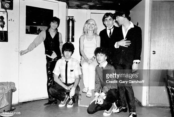 View the members of American New Wave group Blondie as they pose backstage prior to a performance at My Father's Place, Roslyn, New York, June 1,...