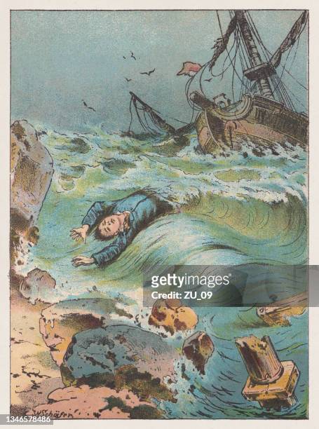 robinson crusoe, stranded on a desert island, chromolithograph, published 1893 - literature stock illustrations