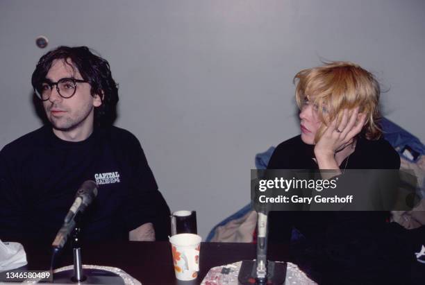 View of American New Wave musicians Chris Stein and Debbie Harry, both of the group Blondie, during an interview at WNEW-FM, New York, New York,...