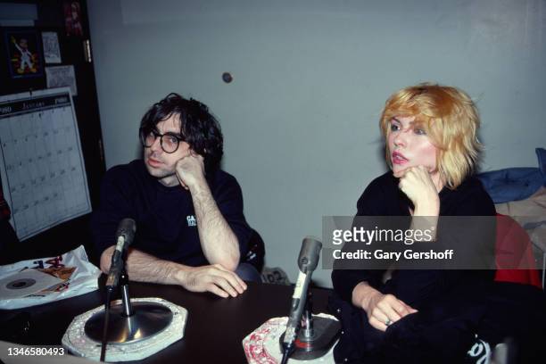View of American New Wave musicians Chris Stein and Debbie Harry, both of the group Blondie, during an interview at WNEW-FM, New York, New York,...