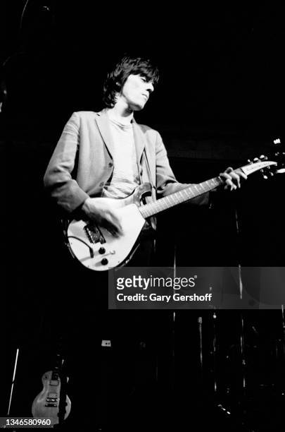 American New Wave musician Frank Infante, of the group Blondie, plays guitar as he performs onstage at My Father's Place, Roslyn, New York, October...
