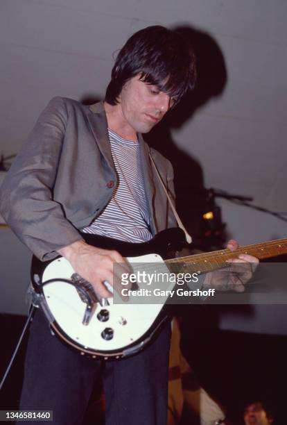 American New Wave musician Frank Infante, of the group Blondie, plays guitar as he performs onstage at My Father's Place, Roslyn, New York, October...