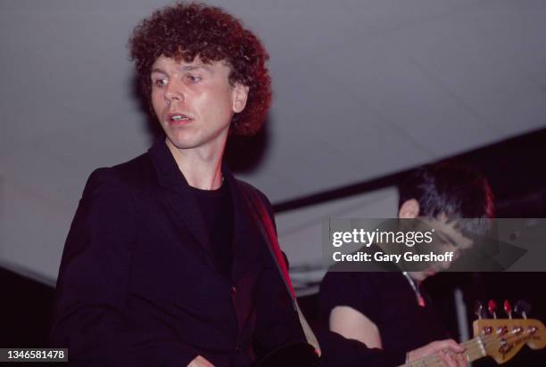 American New Wave musicians Nigel Harrison , on bass, and Chris Stein, on guitar, both of the group Blondie, perform onstage at My Father's Place,...