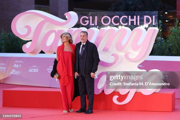 Myrta Merlino and Marco Tardelli attend the red carpet of the movie "The Eyes Of Tammy Faye" during the 16th Rome Film Fest 2021 on October 14, 2021...