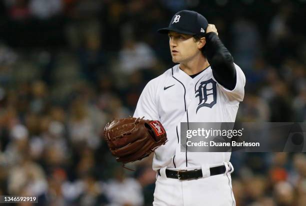 Pitcher Casey Mize of the Detroit Tigers during the third inning of a game against the Kansas City Royals at Comerica Park on September 24 in...