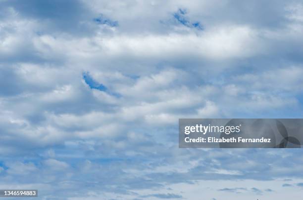 full frame of the low angle view of white color clouds with a blue sky. - 高層雲 個照片及圖片檔
