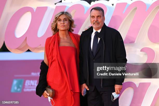 Myrta Merlino and Marco Tardelli attend the red carpet of the movie "The Eyes Of Tammy Faye" during the 16th Rome Film Fest 2021 on October 14, 2021...