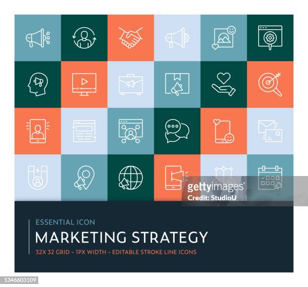 marketingstrategie editable stroke line icon collection - content stock-grafiken, -clipart, -cartoons und -symbole