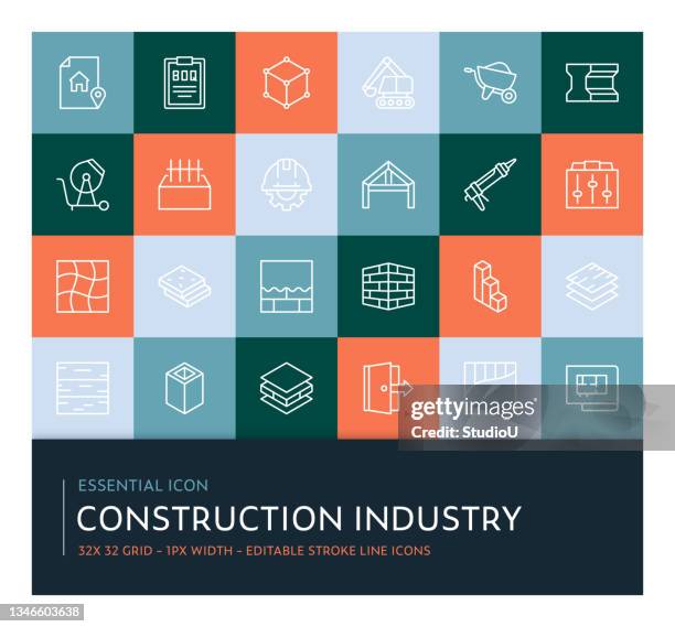 construction industry editable stroke line icon collection - caulk gun stock illustrations