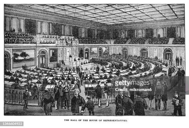 old illustration of the hall of the house of representatives in united states capitol, capitol building, united states congress - house of representatives stock-fotos und bilder