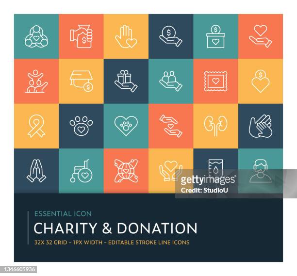 charity and donation editable stroke line icon collection - disability collection stock illustrations