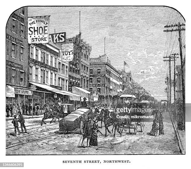 old engraved illustration of seventh street northwest, washington dc - horsedrawn fotografías e imágenes de stock