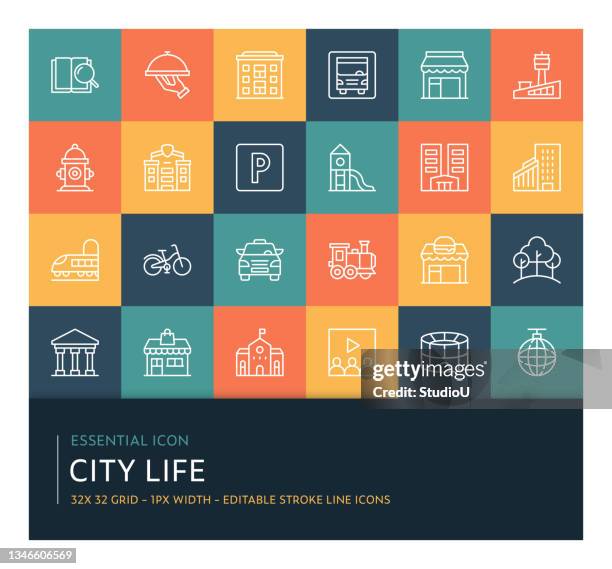 city life editable stroke line icon collection - bank nightclub stock illustrations