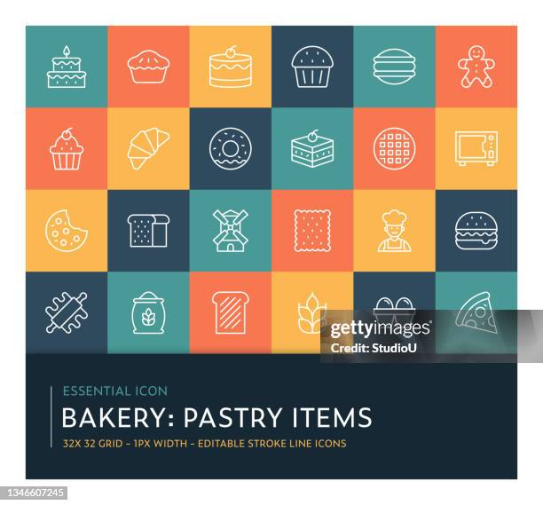 bakery and pastry editable stroke line icon collection - bread dough stock illustrations