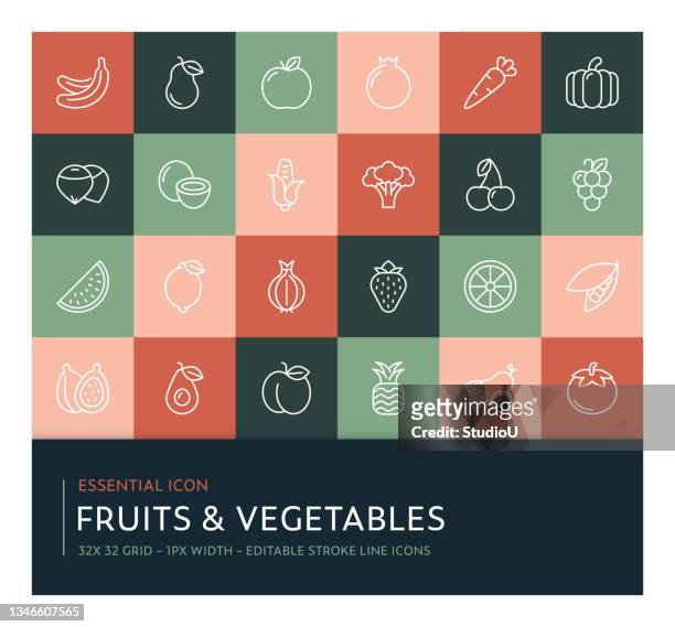 ilustrações, clipart, desenhos animados e ícones de coleção de ícones da linha de traçado de frutas e legumes editáveis - milho doce